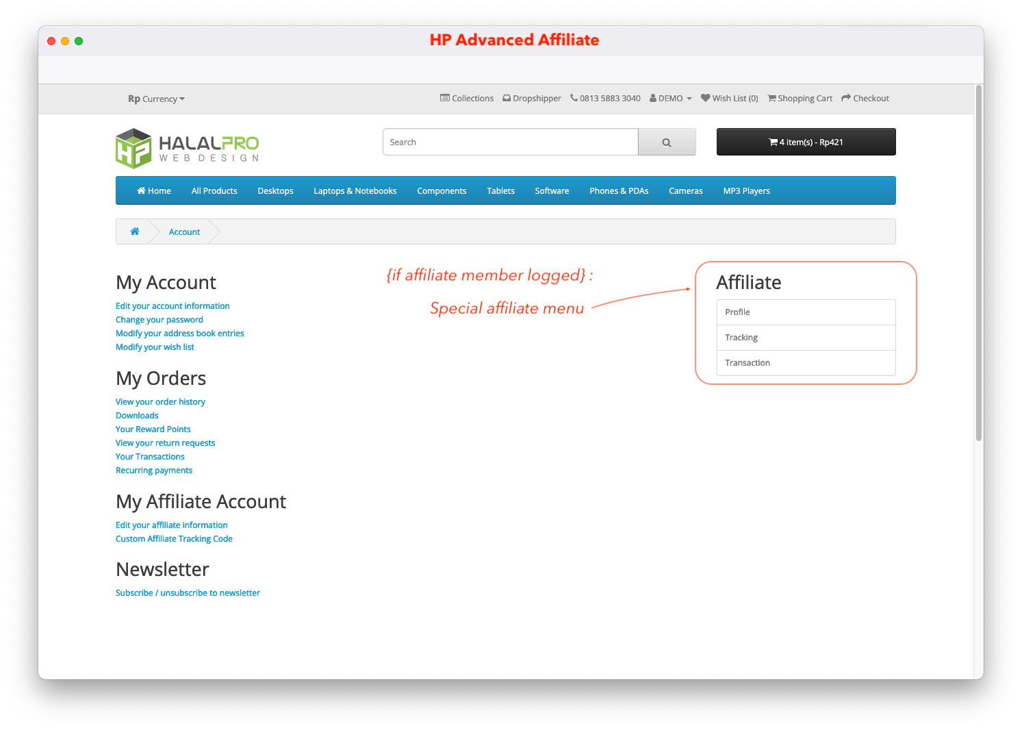special affiliate menu opencart